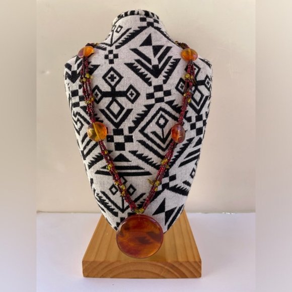 Amber Colored Medallion w/ Multicolored Beaded Strands Necklace - Picture 1 of 9